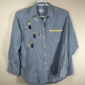 Las Olas Blue White Gingham Nautical Embroidered Button Down Shirt Size L Mens